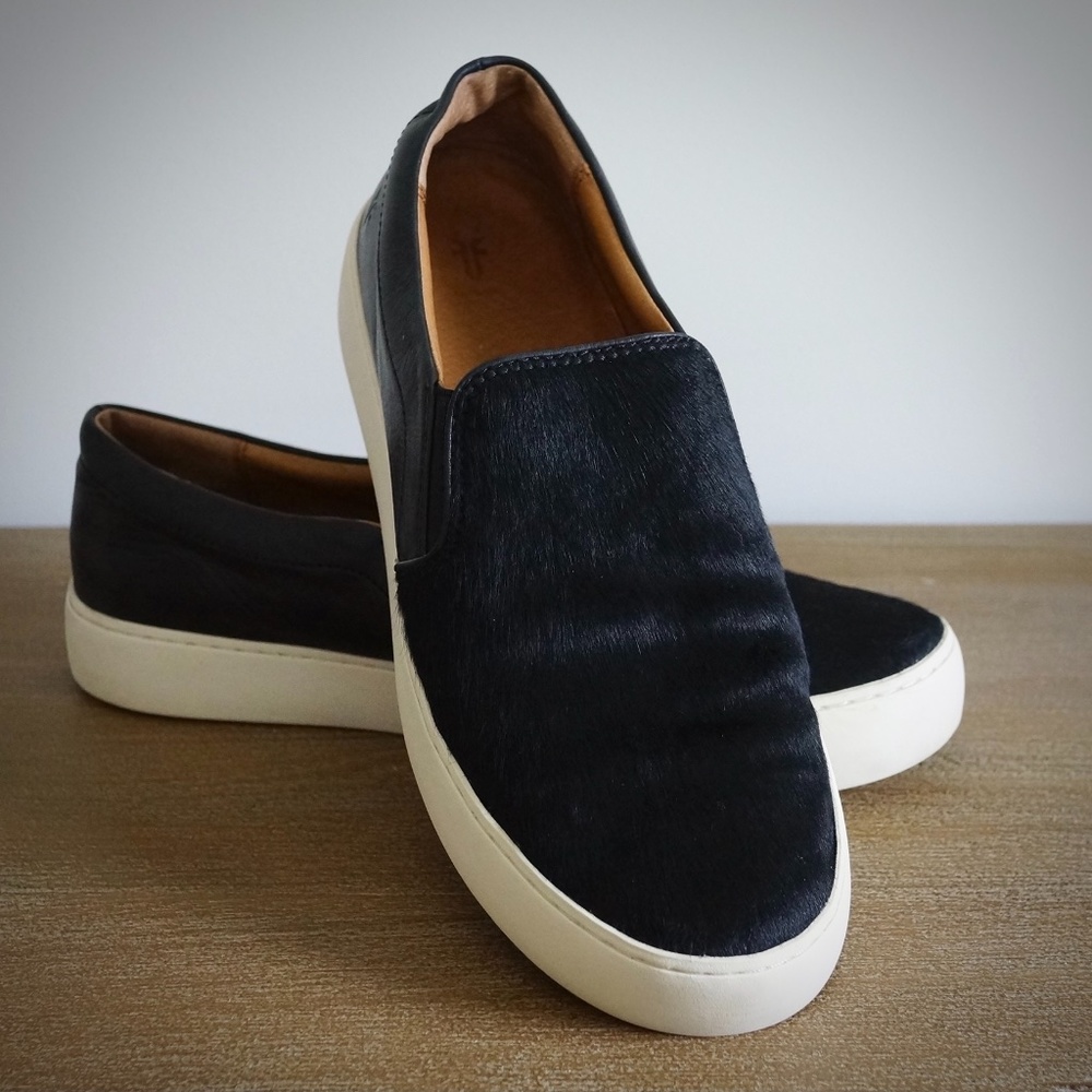 Frye black leather and fur slip on sneakers, size 9.5